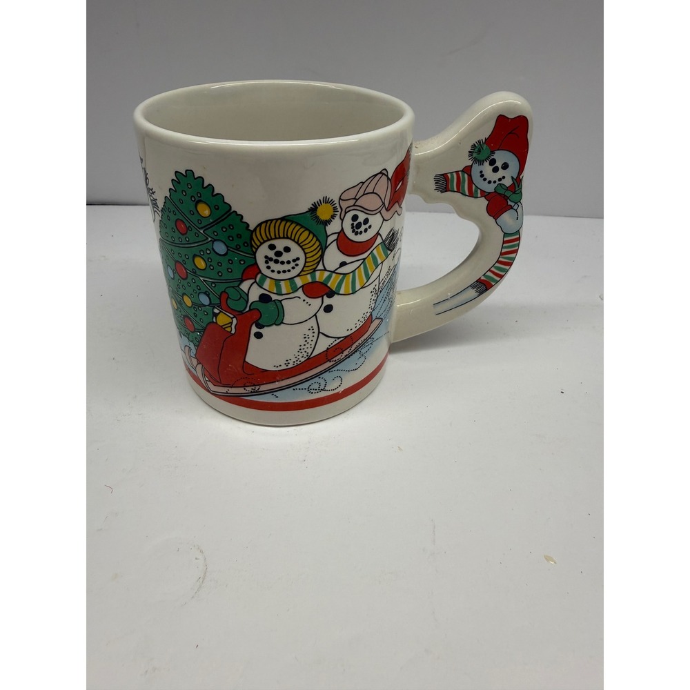 Vintage Snowman Christmas Mug Ceramic Sledding Skiing Holiday Coffee Cup